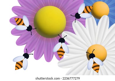 Swarm of bees 3d. Flight of insects in the garden or field with flowers, collection of nectar  in the apiary. Pollination of plants, the concept of active joint labor. Bees in wildlife. Vector 3d.