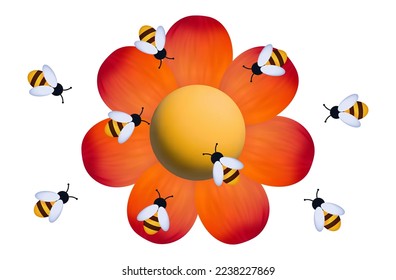 Swarm of bees 3d. Flight of insects, red flower, collection of nectar  in the apiary. Pollination of plants, the concept of active joint labor, active lifestyle. Nine bees in wildlife. Vector 3d.