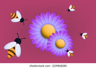 Swarm of bees 3d. Flight of insects in the garden or field with flowers, collection of nectar  in the apiary. Pollination of plants, meadow, garden, magenta background. Bees in wildlife. Vector 3d.