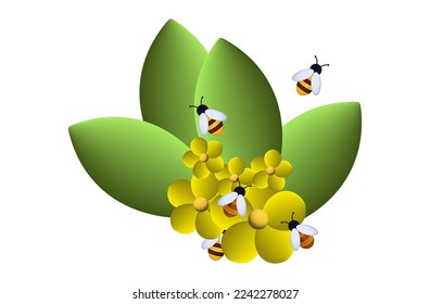 Swarm of bees 3d. Flight of insects in the garden or field with flowers, collection of nectar in the apiary. Pollination of plants, meadow, garden, yellow spring flowers. Bee in wildlife. Vector 3d.