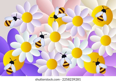 Swarm of bees 3d. Flight of insects in the garden or field with flowers, collection of nectar in the apiary. Pollination flowers, active joint labor. Bees with chamomile and daisies. Vector.