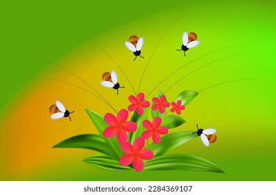 Swarm of bees 3d. Flight of insects in the garden or field with flowers, collection of nectar in the apiary. Pollination of plants, meadow, garden, red spring flowers. Bee in wildlife. Vector 3d.