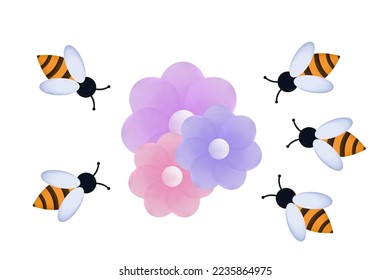 Swarm of bees in the apiary 3d. Flight of insects in the garden or field with flowers, collection of nectar. Pollination of plants, the concept of active joint labor. Bees in wildlife. Vector.