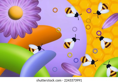 Swarm of bees in the apiary, meadow or garden. Vector illustration 3d, colorful clipart, banner. Wax honeycombs. The process of collecting honey, insects work together. Yellow, sweet, sticky honey. 