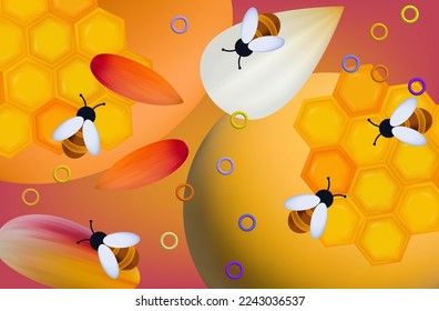 Swarm of bees in the apiary. Vector illustration 3d, colorful clipart, banner. Wax honeycombs. The process of collecting honey, insects work together. Yellow, sweet, sticky honey. Bee farm or apiary. 