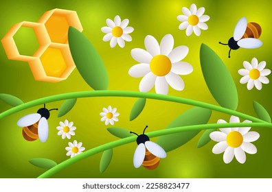 A swarm of bees with chamomile, daisies in the apiary collects honey. Vector 3d illustration, green background. The insects pollinates the flowers. Meadow, apiary, environment. Bees collecting pollen.