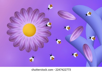 A swarm of bees collects honey in the apiary. Vector 3d illustration. The insect pollinates the flowers. Modern creative meadow design, purple flower close-up, environment. Bees collecting pollen.