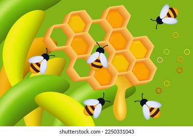 A swarm of bees collects honey in an apiary with honeycombs on a green background. Vector 3d illustration. The insects pollinates the flowers. Meadow with plants, grass close-up, environment. 