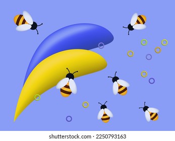 A swarm of bees collects honey in the apiary. Vector 3d illustration. The insect pollinates the flowers. Modern meadow design, petals blue, yellow, close-up, environment. Bees collecting pollen.