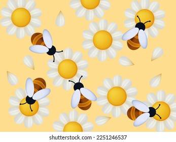 A swarm of bees collects honey in the apiary. Vector 3d illustration. The insect pollinates white chamomile or daisy flowers. Yellow meadow, environment. Bees collecting pollen. Beekeeping banner.