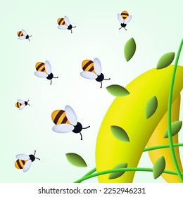 A swarm of bees collects honey in the apiary. Vector 3d illustration. The insect pollinates the flowers. Modern meadow design, petals, grass close-up, environment. Flying bees collecting pollen.