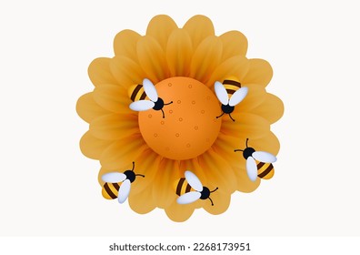 A swarm of bees collects honey in the apiary. Yellow sunflower icon. Vector 3d illustration. The insects pollinates the flowers. Meadow with plants and grass, environment. Bees collecting pollen.