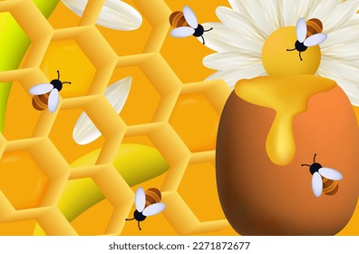 A swarm of bees collects honey in the apiary. Vector 3d illustration. The insects pollinates the white daisy flower. Meadow with plants, grass, pot with honey, cells of honeycombs. Environment concept