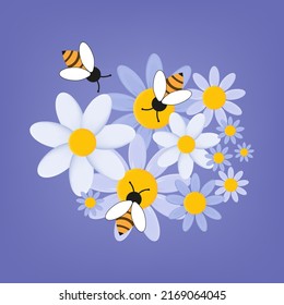 Ein Bienenschwarm sammelt Nektar. Honigbienen mit einer Blume. Freundliche Insektenfamilie. Das Konzept der Teamarbeit, um ein erfolgreiches Ergebnis zu erzielen. Insektenarbeit. Poster, Banner oder Druck für Stoff. Vektorgrafik 