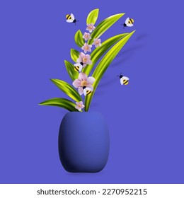 A swarm of bees collects nectar. Honey bees with a flower. Friendly family of insects. The concept of teamwork to achieve a successful result, Insect labor. Poster, vase, branch of flowers. Vector. 