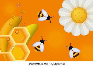 Swarm of bees with a flower in the apiary collects honey. Vector 3d illustration, orange background. The insects pollinates the flowers. Meadow with  grass, environment. Bees collecting pollen.