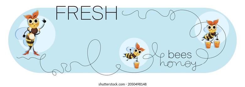 Swarm bees. Honey bees. Cartoon cute character. Bee horizontal poster, banner. Vector illustration 