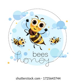 Swarm bees. Honey bees fly in the clouds. Cartoon cute character. Emblem, sticker, label, mascot. Lettering.