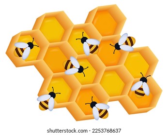 A swarm of bees with honeycombs and hexagonal cells with honey 3d. Insects and sticky wax cell with honey. Frame with sweet liquid, yellow texture. Apiary, environment. Bee family in the hive. Vector.