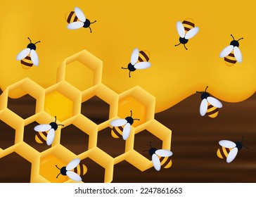 Swarm of bees with honeycombs on wooden boards. Vector 3d illustration. Insects in the apiary, a swarm of bees close-up, hexagonal yellow honeycombs. The concept of collecting nectar, environment.