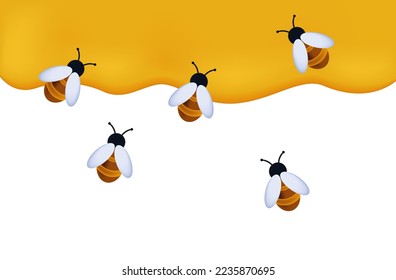 Swarm of bees with liquid honey 3d. Collection of nectar top view. Sticky, sweet liquid. Natural honey, organic, healthy product. spreads and drips. Bee family, swarm of insects, work together. Vector