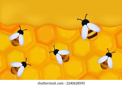 A swarm of bees, wax buildings, honeycombs 3d. Insects and sticky, sweet liquid. Frame with honey, yellow hexagons pattern, orange texture, apiary,  natural healthy food. Teamwork concept. Vector. 