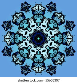 Swarm of blue and white butterflies in kaleidoscope pattern