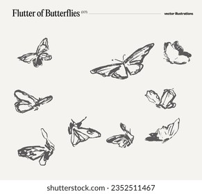 Swarm of butterflies, hand drawn vector illustration, realistic drawing, sketch