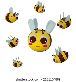 A swarm of cute cartoon bees, yellow and black flying, designed from 3D program.