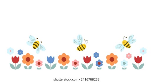 Schwarm süßer glücklicher Bienen mit Lächeln fliegen über blühendes Blumenbett aus Tulpen, Gänseblümchen und Gänseblümchen. Vektorkindergrußbanner auf weißem Hintergrund. Vorlage für Text.