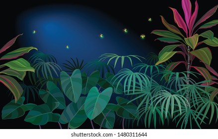 A swarm of fireflies in a tropical night forest