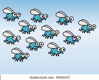 Swarm of flies in funny flight. Cartoon illustration, fully editable vector.