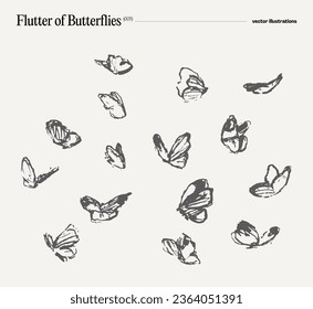 Swarm, flutter of butterflies, hand drawn vector illustration, realistic drawing, sketch