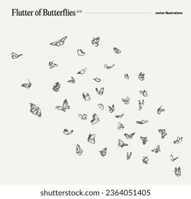 Swarm, flutter of butterflies, hand drawn vector illustration, realistic drawing, sketch