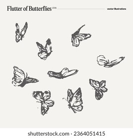 Swarm, flutter of butterflies, hand drawn vector illustration, realistic drawing, sketch