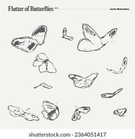 Swarm, flutter of butterflies, hand drawn vector illustration, realistic drawing, sketch