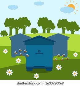 Swarm of flying bees in an apiary on the background of nature forests and meadows, color vector bright children's illustration
