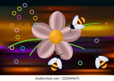 Swarm of flying bees collect honey. 
Apiary with flower, bees and decorative grass 3d. Vector 3d illustration. The insect pollinates the flowers. Meadow with plants, grass close-up, environment. 