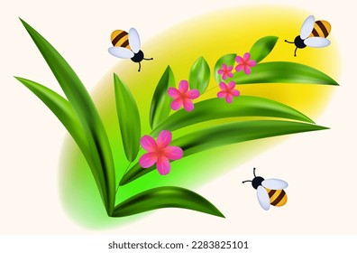 Swarm of flying bees collect honey. Branch with flowers, bees in the apiary. Vector 3d illustration. The insects pollinates the flowers. Meadow with plants, grass close-up, environment.