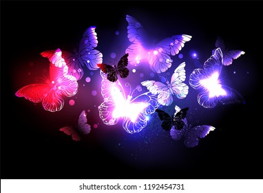 Swarm of glowing night butterflies on  night, black background.