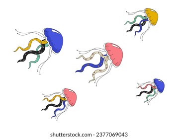 Enjambre medusas nadando juntos objetos de dibujos animados lineales 2D. Grupo de medusa de gelatina flotante de línea aislada elemento vector fondo blanco. Criaturas marinas de color submarino ilustración de manchas planas