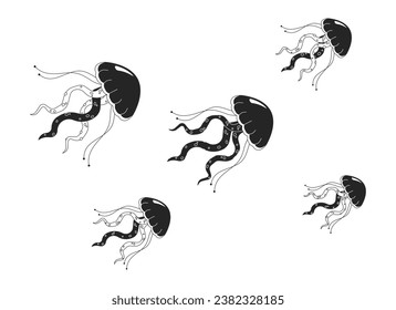 Enjambre medusas nadando juntos objetos de dibujos animados en 2D en blanco y negro. Grupo de elementos de contorno vectorial aislado flotante de medusa. Criaturas marinas bajo el agua monocromo ilustración de plano submarino