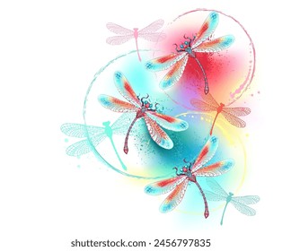 Swarm of red, artistically drawn, detailed dragonflies on background painted over with red, blue and green watercolor paint. Red dragonfly. Summer design.