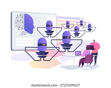 Plataforma de pesquisa de robótica de enxame conceito abstrato ilustração vetorial. Robôs modulares colaboram em enxames para estudar comportamentos coletivos e algoritmos distribuídos. metáfora abstrata.