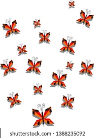 Swarm of sixteen black, orange and red beautiful patterned butterflies with shadows vector