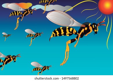 
Swarm of wasps, colorful colors with clouds in the upper left and a bright sun various colors