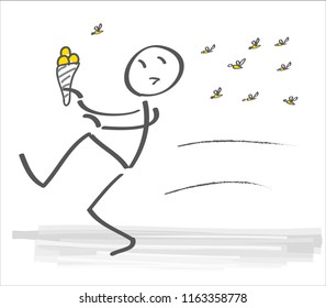 Swarm of wasps forces man to flee home. vector illustration