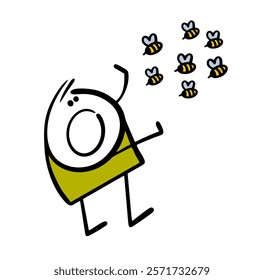 Swarm of wild bees attacks the unfortunate stickman. Vector illustration of a terrified man escaping from stinging insects. Honey thief at the apiary. Funny character on white background.