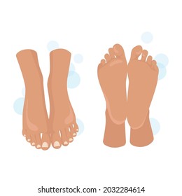 Swarthy female legs in different positions, front and back views. Vector flat illustration, isolated on white background