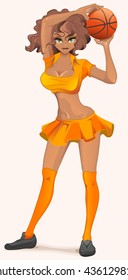 Swarthy girl cheerleader with basketball. Illustration in vector format